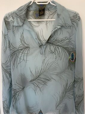 Cactus Sheer Feather-Print Blouse in Light Blue with Beaded Accent